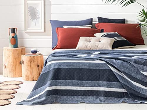 ENGLISH HOME Bettüberwurf aus Baumwolle, atmungsaktiv, gesteppt, Tagesdecke, leichte Überwürfe, Tagesdecke für Bett, Couch, Sofa, Denim-Streifen, 200 x 220 cm, Marineblau