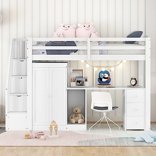 LTGB Hochbett Kinderbett mit Kleiderschrank, Schreibtisch und Treppe, Kinderbetten Funktionsbett, Etagenbett Stockbett Jugendhochbett, ohne Matratze (Hochbett mit Schrank)