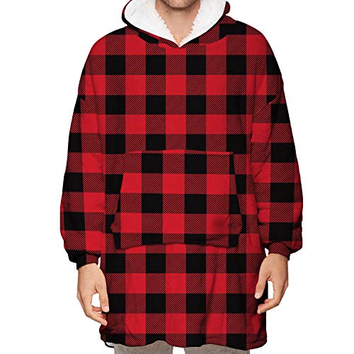 Ouduo Kapuzenpullover Decke, 3D Übergroße Sherpa Hoodie Weiche Warme Riesen Sweatshirt Blanket Fronttasche Plüsch Pullover Decke mit Kapuze (One Size,Kariertes Rot)