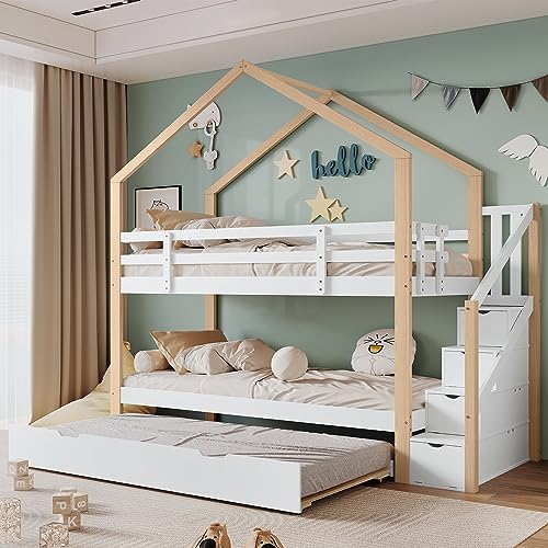 LATICO Kinderbett Etagenbett 90x200 mit Schiebebett 90x190, Hausbett Hochbett mit Treppe Schließfächer, Holzbett Bettgestell Kinderbett mit Rausfallschutz und Lattenrost, Ohne Matratze, Natur+Weiß
