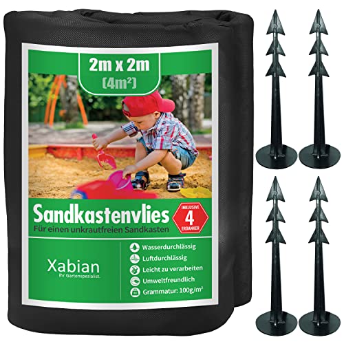 Xabian Sandkastenvlies 2x2m schwarz 80g/m² inklusive 4 Erdanker I Unkrautvlies für Sandkasten als Untergrund I Ideal als Sandkastenfolie und Unterlage gegen Unkraut & Vermischen mit dem Untergrund