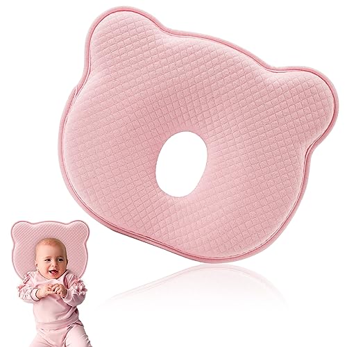 ATSGJLZN Babykissen, Kopfkissen Baby Babykissen Gegen Plattkopf Baby Kissen Kopfverformung 100% Baumwolle, kinderkopfkissen Memory Schaum für 0-12 Monate Neugeborene Rosa