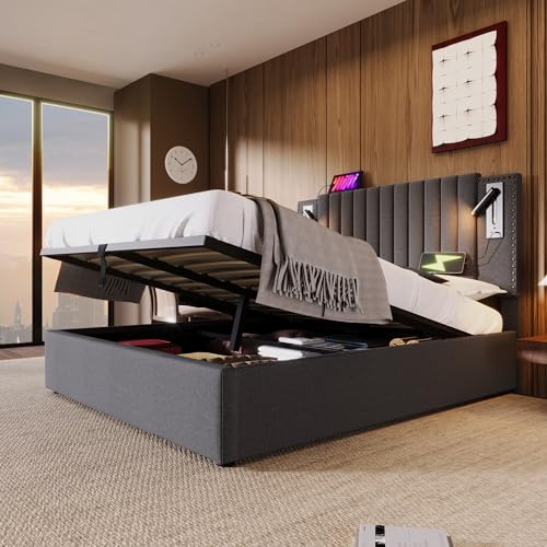 Kayan Polsterbett 140x200cm, Boxspringbett mit hydraulisches Bettkasten, Bett mit Lattenrost, Leselicht mit USB Ladefunktion Kopfteil, Stauraumbett Doppelbett Jugendbett (Grau, 140x200cm)