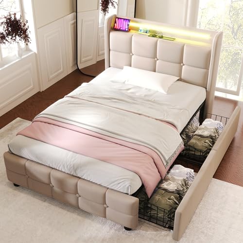 Kayan Polsterbett mit USB Ladefunktion und LED-Kopfteil und 2 Schubladen, Einzelbett 90x200cm Stauraumbetten Jugendbett Bettgestell, Lattenrost aus Holz, Ohne Matratze (90x200cm, Beige)