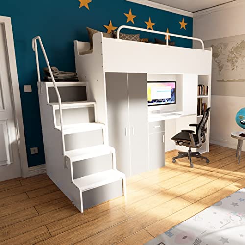 Marlux-Meble Hochbett Kinderbett JSM-4 90x200 mit Kleiderschrank Schreibtisch und Treppe Matt Kinderbetten Funktionsbett Etagenbett Stockbett Kinderhochbett Jugendhochbett (Graphit Matt)