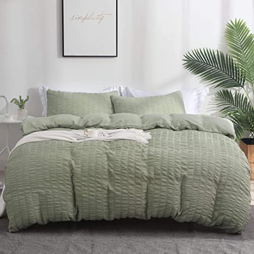 Boqingzhu Seersucker Bettwäsche 200x220cm Grün Salbeigrün Sommer Atmungsaktiv Kühlende Wende Bettwäsche Set Bettbezug 200x220cm und 2 Kissenbezüge 80x80cm mit Reißverschluss