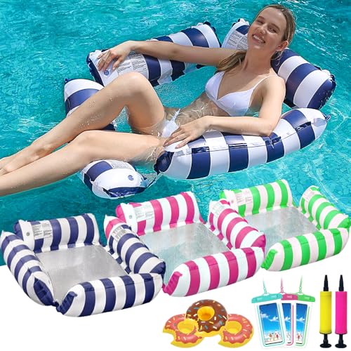 LUSTERMOON 3 Stück Pool Float Chair Lounge für Erwachsene, aufblasbare Poolschwimmer 4-in-1 Mehrzweck-Poolschwimmer Wasserhängematte mit Getränkehaltern (Marineblau, Rosa, Grün)