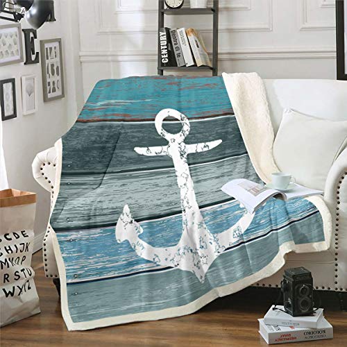 Tbrand Anker Decke 150x200cm Nautisches Thema Wohndecke Vintage Timeworn Verwitterte Holzbretter Rustikales Kuscheldecke Luxus Flanell Fleecedecke,Blaugrün,Blau