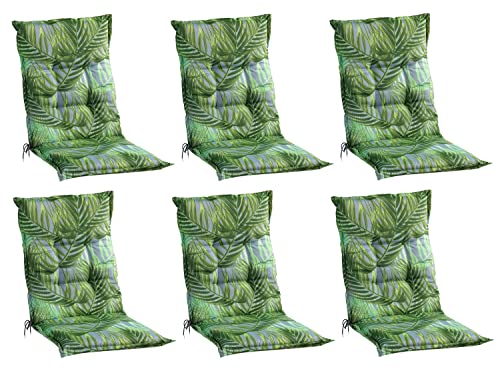 Home4You Gartenstuhlauflagen Mittellehner 6er Set - 110 x 50 cm - Grün - Baumwolle - Polyester - Palmenmuster - Sesselauflage Sitzpolster Stuhlauflage