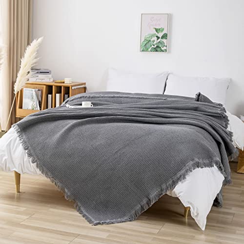 GAOWEI Premium Tagesdecke mit Dekorative Fransen - 180 x 300cm Groß Waffelmuster Sofa Cover, Multifunktions-Decke als sofaüberwurf, Bettüberwurf und sofadecke - Grau