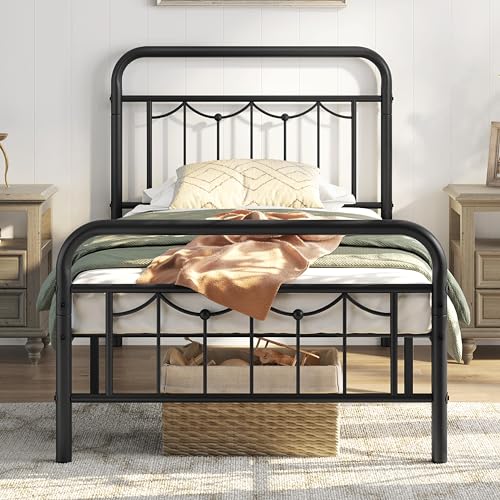 Yaheetech Bettrahmen 90 x 200 cm Einzelbett aus Metall, Bettgestell im Vintage-Stil, Retro Elegantes Metallbett mit Lattenrost & Hohem Kopfteil, Einfacher Aufbau Gästebett Jugendbett Schwarz