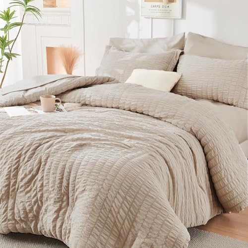 Seersucker Bettwäsche 155x220 Beige Khaki Gestreift Sommer Unifarben Wende Bettwäsche Set Microfaser Atmungsaktiv Leicht Bettbezug 155 220 cm Einzelbett und Kissenbezüge 80x80 cm mit Reissverschluss