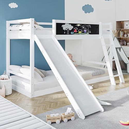 Etagenbett 90x200 cm, Hochbett mit Rausfallschutz, Treppe und Rutschen, Kinderbett mit Tafel und Lattenrost, Doppelbett für Kinder, ohne Matratze, Weiß