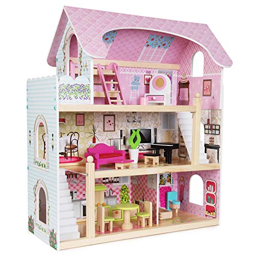 boppi – Puppenhaus aus Holz. Spielhaus aus Holz mit Puppenhaus Zubehör inkl. 16 Möbelstücken geeignet als Spielzeug für Kinder ab 3 Jahren.