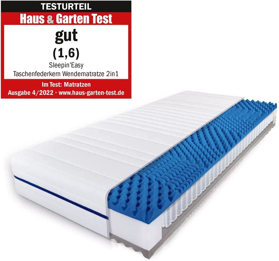 SMARTSLEEP Sleepin'Easy Taschenfederkernmatratze 90x200cm | Wendematratze mit Härtegrad H2 & H3, Weich bis mittelhart | 7-Zonen Matratze, ÖkoTex | Höhe 22cm | Wärmeregulierend, Atmungsaktiv