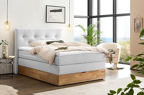 Belanoti MARBO Boxspringbett 140x200 mit Bettkasten 7-Zonen Taschenfederkern Matratze inklusive Visco Topper Bett 140x200 Eiche in der Farbe Weissgrau H2/H3 Polsterbett mit Massivholz Eiche