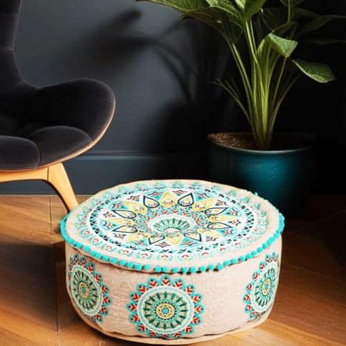 Runder Pouf Hocker aus Baumwolle inklusive Füllung Badar -2- ø 50cm Rund | Sitzkissen Bodenkissen Orientalisch | Sitzpuff Sitzhocker Fusshocker bestickt als Orientalische Dekoration