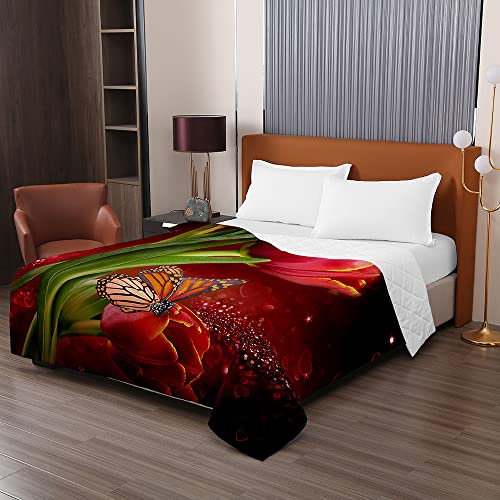 Chickwin Tagesdecke Bettüberwurf Steppdecke, 3D Tulpe Blume Drucken Tagesdecken mit Präge Wohndecke aus Mikrofaser Gesteppt Bettdecke für Einzelbett Doppelbett (230x260cm,rot)