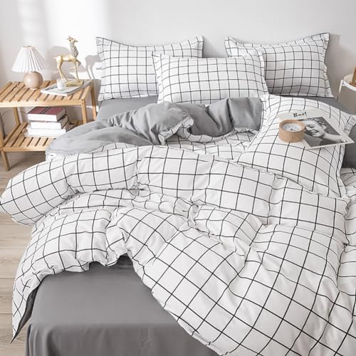 Michorinee Bettwäsche Kariert 140x200 Schwarz Weiß Microfaser Wendebettwäsche Grau Weiß Karomuster Bettbezug mit Reißverschluss 2 Teilig - 140 x 200 cm + 70 x 90 cm