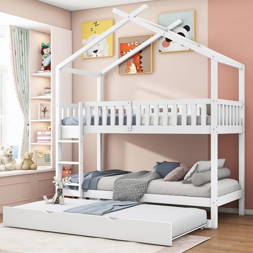 LTGB Etagenbett, Hochbett 90x200, Stockbett für 3 Kinder, Kinderbett mit Lattenrost, Etagenbett 3 Personen, Doppelbett Hausbett