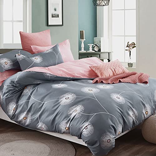 KEAYOO Bettwäsche 135x200 Baumwolle set 4teilig Grau Rosa Blumen Muster Wendebettwäsche mit Reisverschluss Weiche Stoffqualität für Sommer und Winter 135x200cmx2 + 80x80cmx2