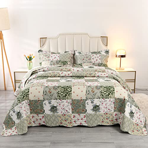 Qucover Patchwork Tagesdecke Bettüberwurf für Doppelbett 220x230cm aus Polyester Sofadecke leicht Set mit 2 Kissenbezüge Grün mit Blumenmuster bei Ultraschall genäht