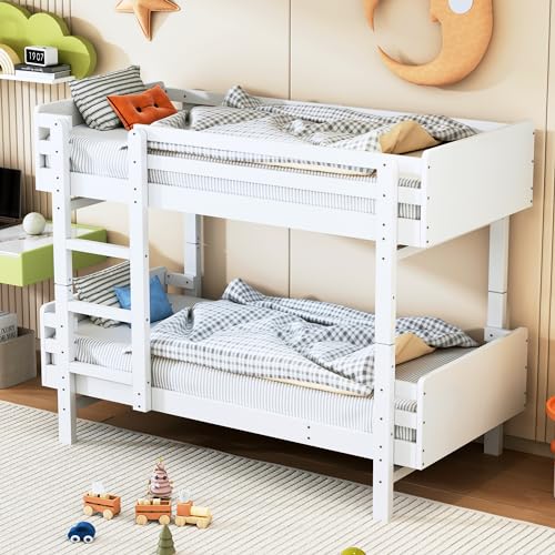 Azkoeesy Etagenbett 90 x 190 cm, für 2 Kinder und Teenagers, umwandelbar Bettgestell, mit Lattenrost und Fallschutzgitter, Kinderbett, Jugendbett, Weiß