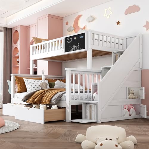 FEZTOY Etagenbett für 3 Kinder, Kinderbett mit 2 Unterbett Schubladen und 4 Speicherung Treppe, 90x200cm +140x200cm Funktionsbett Stockbett Hochbett Jugendhochbett