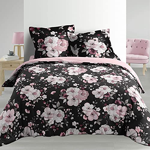 Dynamic24 Premium Perkal Wende-Bettwäsche 260x240cm 100% Baumwolle Bettgarnitur 3tlg. Übergröße mit Blumen Blüten schwarz rosa King Queen Size mit 2 Kissenbezügen und 1 Bettdeckenbezug