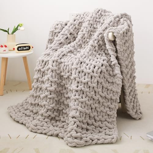 Viviland Chunky Knit Decke, Luxus 100% Hand gestrickt, weich und gemütlich Schlafsofa Stuhl Gewichtete Dicke Gewebte Wurf Decke, 76 * 101cm, Hellgrau (Light Grey)