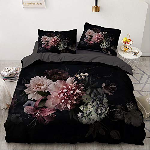 Luowei Bettwäsche Blumen 220x240cm Schwarz Vintage Floral Blüten Bettbezug Set Weiche Microfaser Bettdeckenbezug und 2 Kissenbezüge 80 x 80cm für Doppelbett