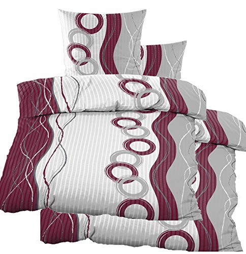 KH-Haushaltshandel 4-TLG. Seersucker Bettwäsche 2X (135x200 +80x80cm), lilabeere grau weiß Kreise, bügelfrei, Microfaser (60316)
