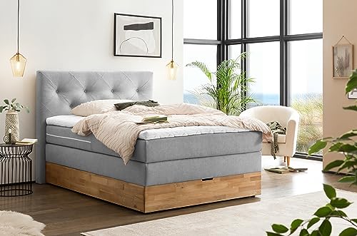 Belanoti MARBO Boxspringbett 140x200 mit Bettkasten 7-Zonen Taschenfederkern Matratze inklusive Visco Topper Bett 140x200 Eiche in der Farbe Hellgrau H2/H3 Polsterbett mit Massivholz Eiche