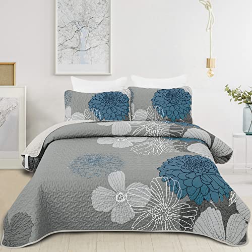 WONGS BEDDING Tagesdecke 200x220 Blau Blumen Bettüberwurf Weiche Sommerdecke Gesteppte Decke für Doppelbett Mikrofaser Bettdecke mit 2 Kissenbezug 48x75