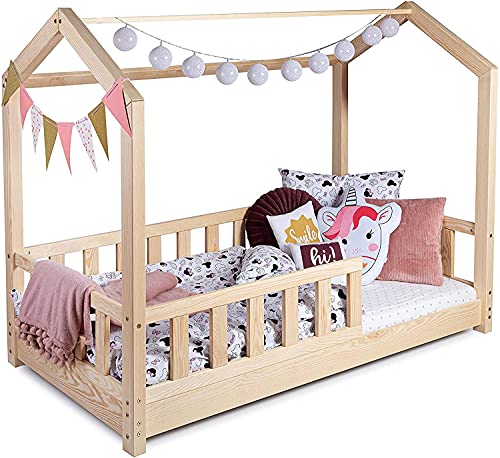 Kinderbett Bett Hausbett 90x200 mit Rausfallschutz Latternost Bettgestell aus Kiefer Holz für Haus Kinder Jungen & Mädchen - Holzbett Baby Kinderzimmer Junge Deko (Rausfallschutz: MIT)