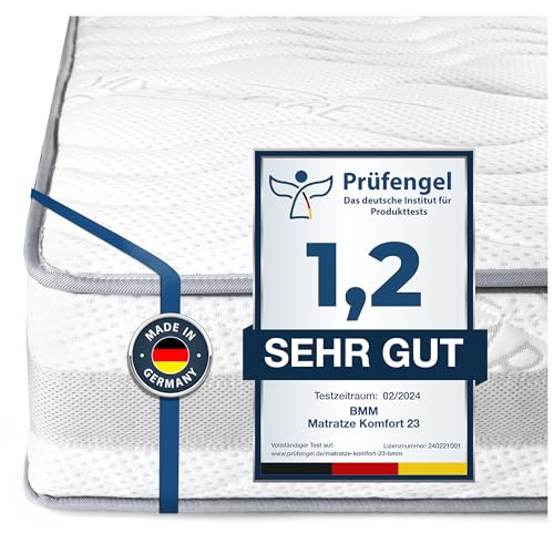 BMM Matratze 90x200cm Komfort 23 H4 extra fest/Kaltschaummatratze Öko-Tex Zertifiziert/orthopädische 7 Zonen Matratze Höhe 23cm / Matratzen produziert in Deutschland