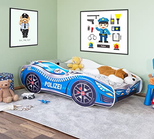 Alcube® Autobett 70x140 cm PKW Polizei mit Lattenrost und Matratze MDF beschichtet - mit Motivfolie beklebtes Spielbett Kinderbett 140x70 cm für kleine Polizisten - Blau