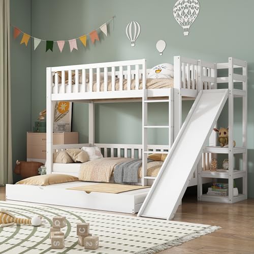 LATICO Kinderbett Etagenbett 90x200 mit Rollbett 90x190, Hochbett Hausbett mit Leiter Rutsche & Regale Stauraum, Holzbett Bettgestell Kinderbett mit Rausfallschutz und Lattenrost, Ohne Matratze, Weiß