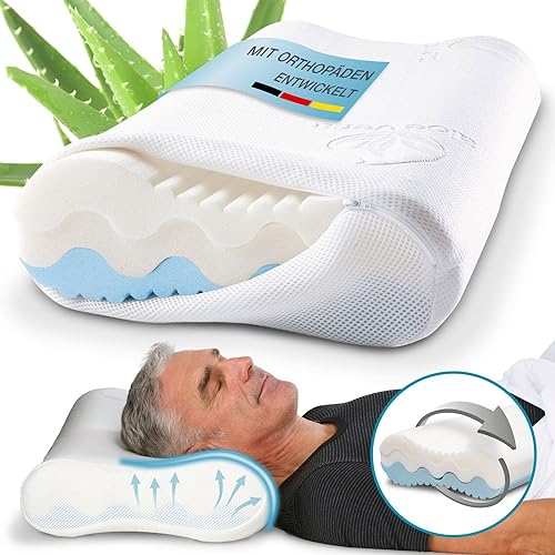 Nackenstützkissen individueller Härtegrad 4-fache Höhenanpassung 3D-Abstandsgewebe orthopädisches, ergonomisches Kopfkissen mit Memory Foam inkl. Aloe Vera Klima-Bezug 60 x 35 cm, Viskoschaum