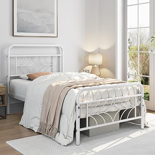 Yaheetech Metallbett 90 x 190 cm Bettrahmen mit Hohem Kopfteil & Fußteil, Einzelbett Bettgestell mit Lattenrost & Stauraum unter dem Bett, Jugendbett Gästebett für Schlafzimmer Gästezimmer, Weiß