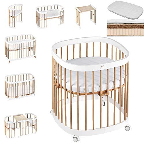 tweeto® Babybett Kinderbett 7-in-1 (Plus) | bis zu 10 Funktionen | inkl. KOKOS-Latex Matratze (Weiss-Buche)