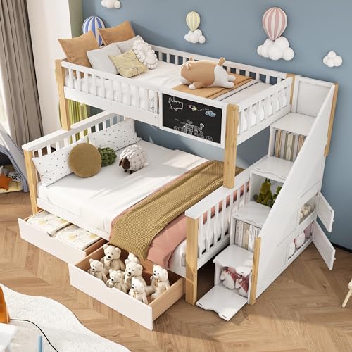 Rtopsu Etagenbett Kinderbett 90x200 & 140x200 cm für 2-3 Kinder, Hochbett mit Treppe und 2 Stauraum Schubladen, Bett mit Rausfallschutz, Hausbett mit Lattenrost, Weiß & Natür, Ohne Matratze