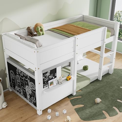 Kinderbett, Hochbett 90x200 mit Leiter, Etagenbett mit Wandtafel & Kleiner Ablage, Spielbett, Hausbett, Stockbett, Holzbett, Bettgestell, Jugendbett, Weiß