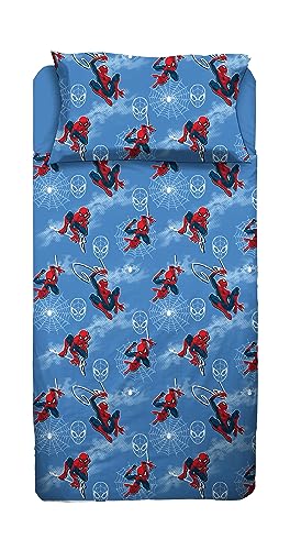 Spiderman, Bettlaken für Einzelbett, Bettlaken, Spannbettlaken, Kissenbezug, Blau, Marvel Disney, 100% Baumwolle, offizielles Produkt