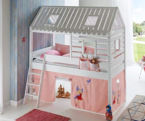 Froschkönig24 Hochbett Tom´s Hütte 2 Kinderbett Spielbett Bett Weiß Stoffset Prinzessin