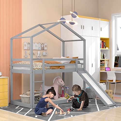 Zelquyx Hochbett mit Rutsche und Dach - Kinderbett Hausbett aus Massivholz 90 x 200 cm - Etagenbett mit Lattenrost für Jungen und Mädchen (Grau)