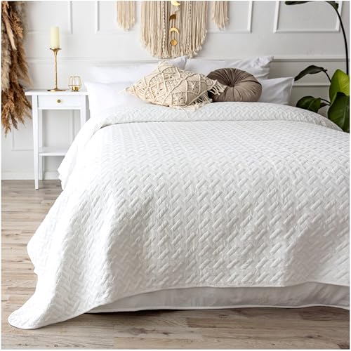 CalmyHOME Tagesdecke Bett Bettüberwurf Überwurf 240x260cm Sofaüberwurf Steppdecke Sofa Decke Überwurfdecke Betthusse XXL Überdecke Gesteppte Tagesdecken gesteppt Quilt Bedspread (Weiß)