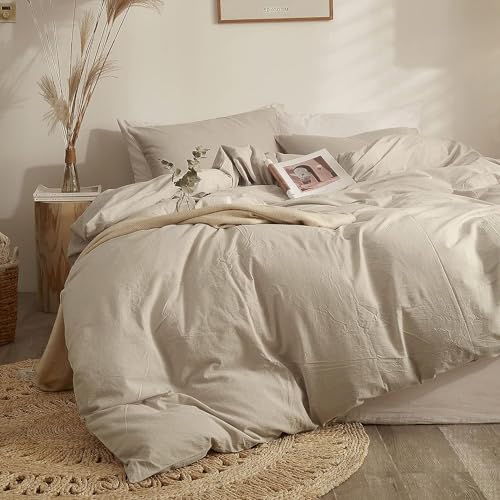 Sedefen Bettwäsche 200x220cm Baumwolle Renforce Beige Leinenfarbe Uni Unifarben Baumwollbettwäsche Set,Doppelbett Bettbezug und 2 Kissenbezug 80x80cm,mit Reißverschluss