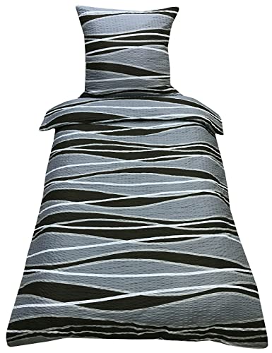 Leonado Vicenti Bettwäsche Seersucker 155x220 cm Welle Braun Modern Garnitur Set Bezug Kissen mit Reißverschluss