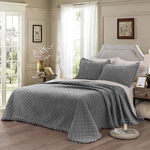 WONGS BEDDING Tagesdecke 240x260 Grau Bettüberwurf 3 teilig Kristallsamt Steppdecke Wendedesign Bettdecke Stepp Decke Weich & Komfort Sofaüberwurf für Schlafzimmer mit 2 Kissenbezug 80 x 80cm